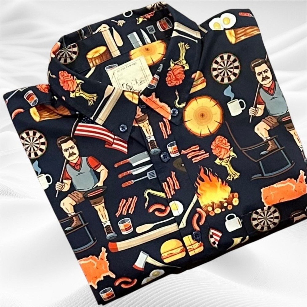 RSVLTS Parks and‎ Recreation City of Pawnee button shirt MEDIUM  Ron Swanson BBQ